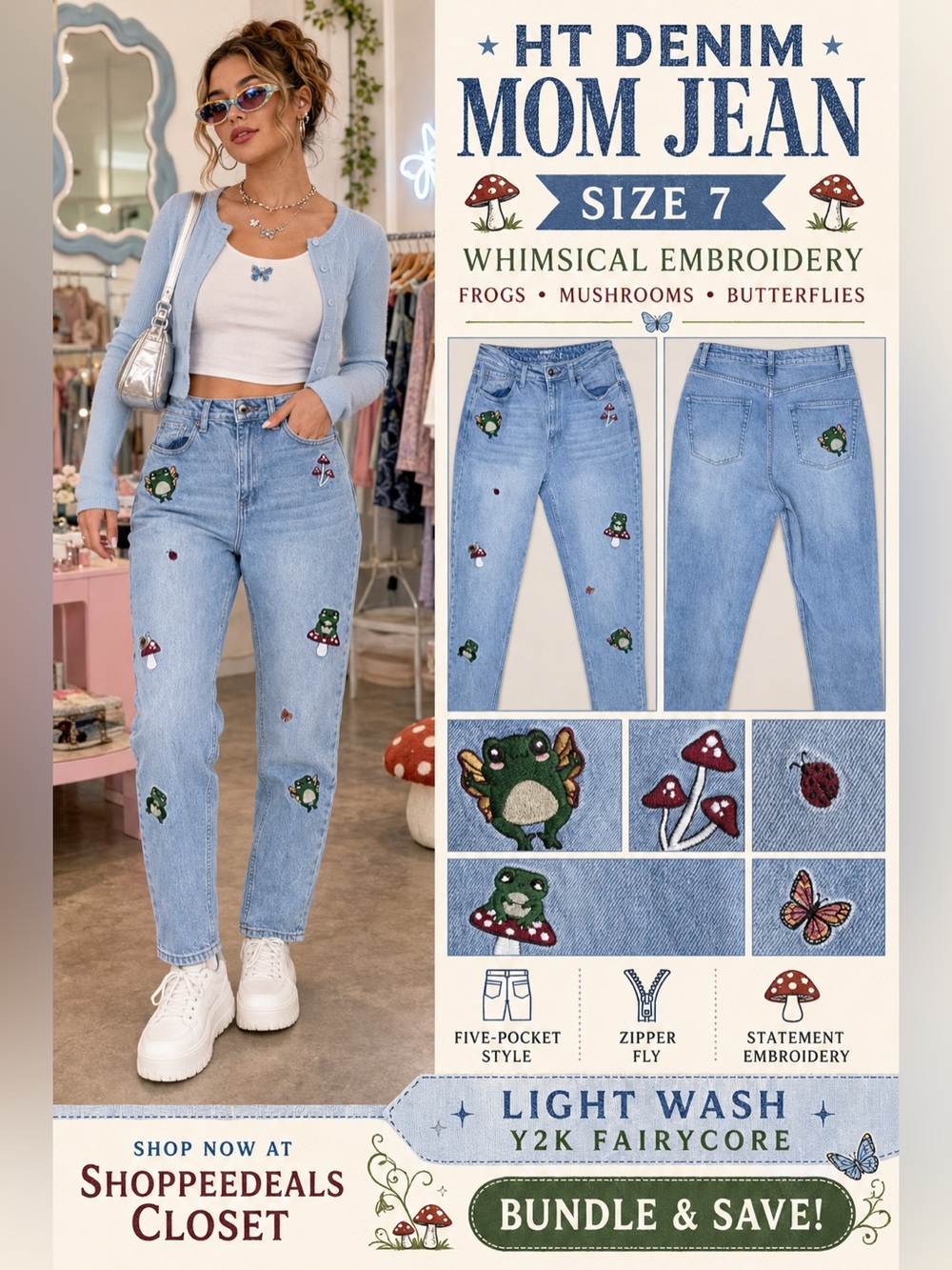 HT Denim Mom Jeans Size 7 Light Wash Embroidered Frog Mushroom Fairycore